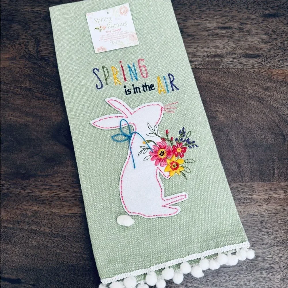 Easter Spring Bunny Rabbit Green Embroidered Dish Towel Tea Towel